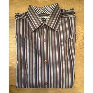 Johnston & Murphy Tailored Fit Brown Striped Mens Medium Button Down 100% Cotton